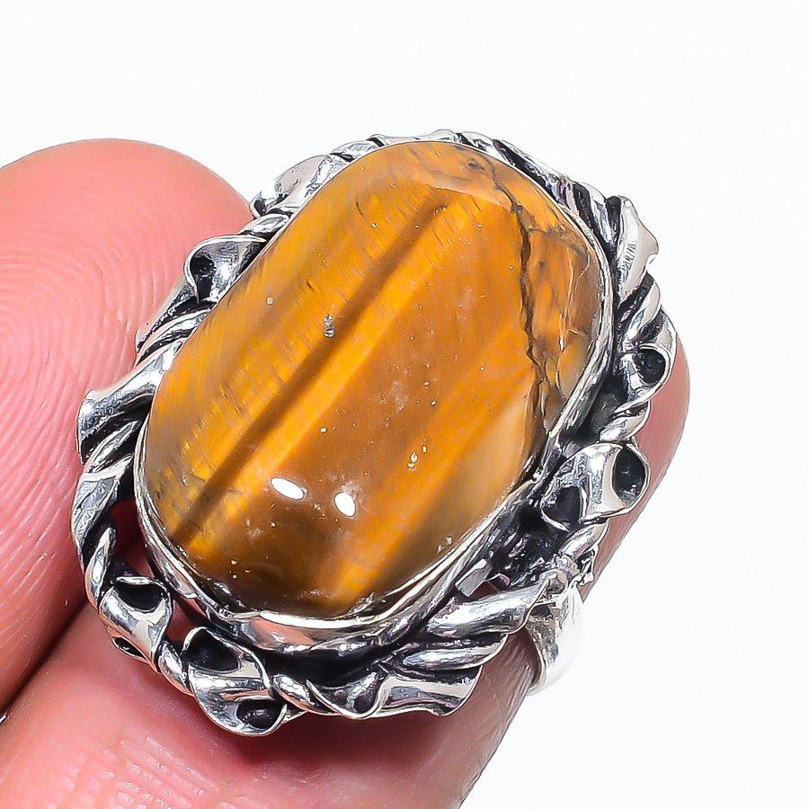 Кольцо из серебра 925 пробы с натуральным тигровым глазом, размер 6, G7l29