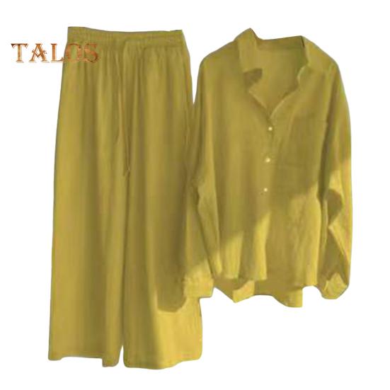 2 шт./компл., женская рубашка больших размеров, комплект брюк, сплошной цвет, блузка с воротником с лацканами и длинными рукавами, высокая талия, свободные широкие брюки, комплект, повседневная одежда для поездок на работу