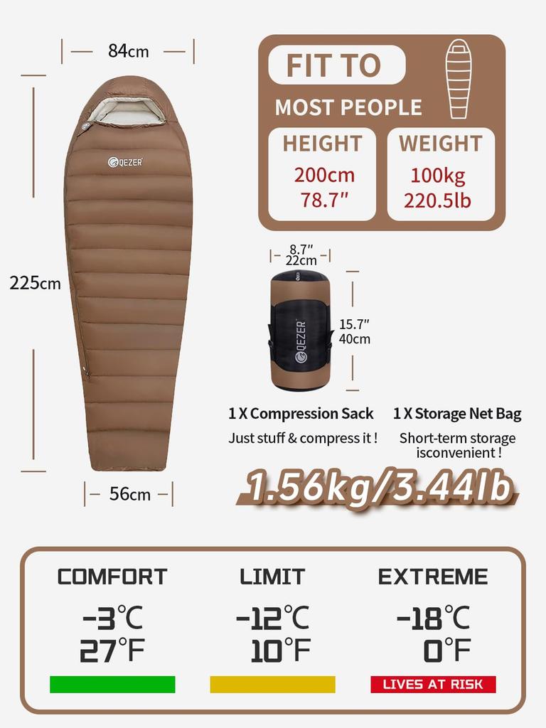 QEZER Зимний спальный пух Спящий Минимальная температура Перо Мумия 660FP Высококачественный пух Спящий 400T Вода Для Горного Спящего в