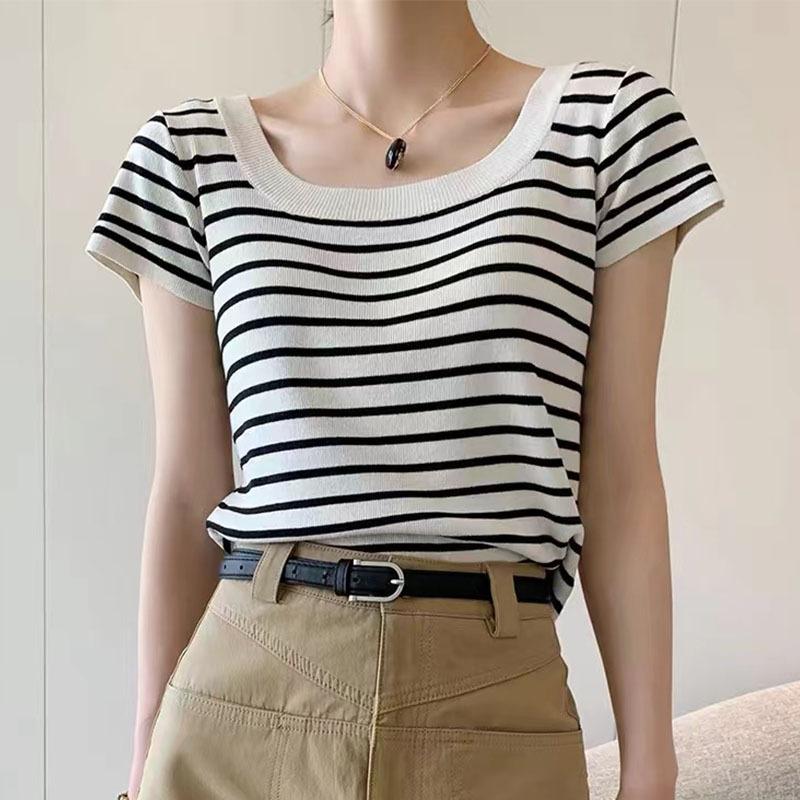 U-neck Striped Ice Silk Sweater Short-sleeved Women's Pullover Summer Versatile Short Contrasting Base Shirt