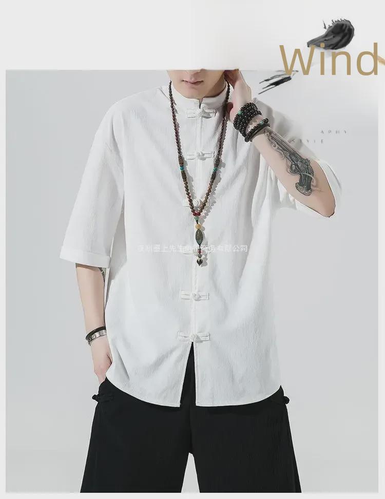 Мужская летняя рубашка из льна с коротким рукавом в стиле Тан - Топ в древнекитайском стиле Ханьфу