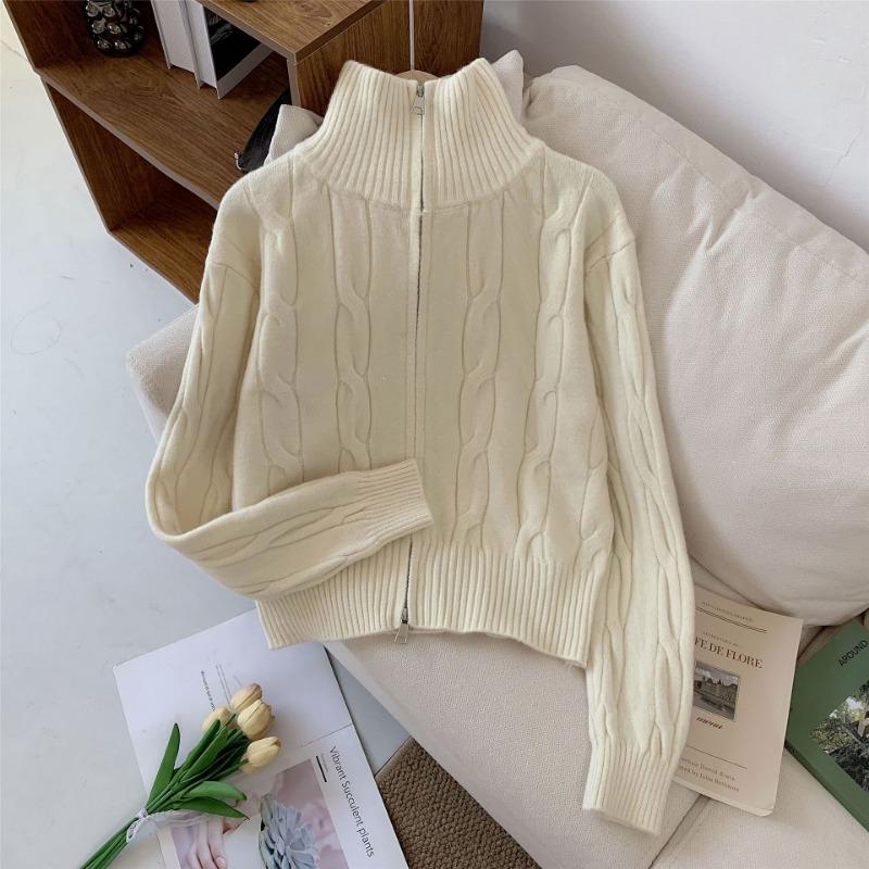 Вязаный кардиган свитер с высоким воротником на молнии женский зимний чувство дизайна свободный ленивый стиль повседневный топ тренд