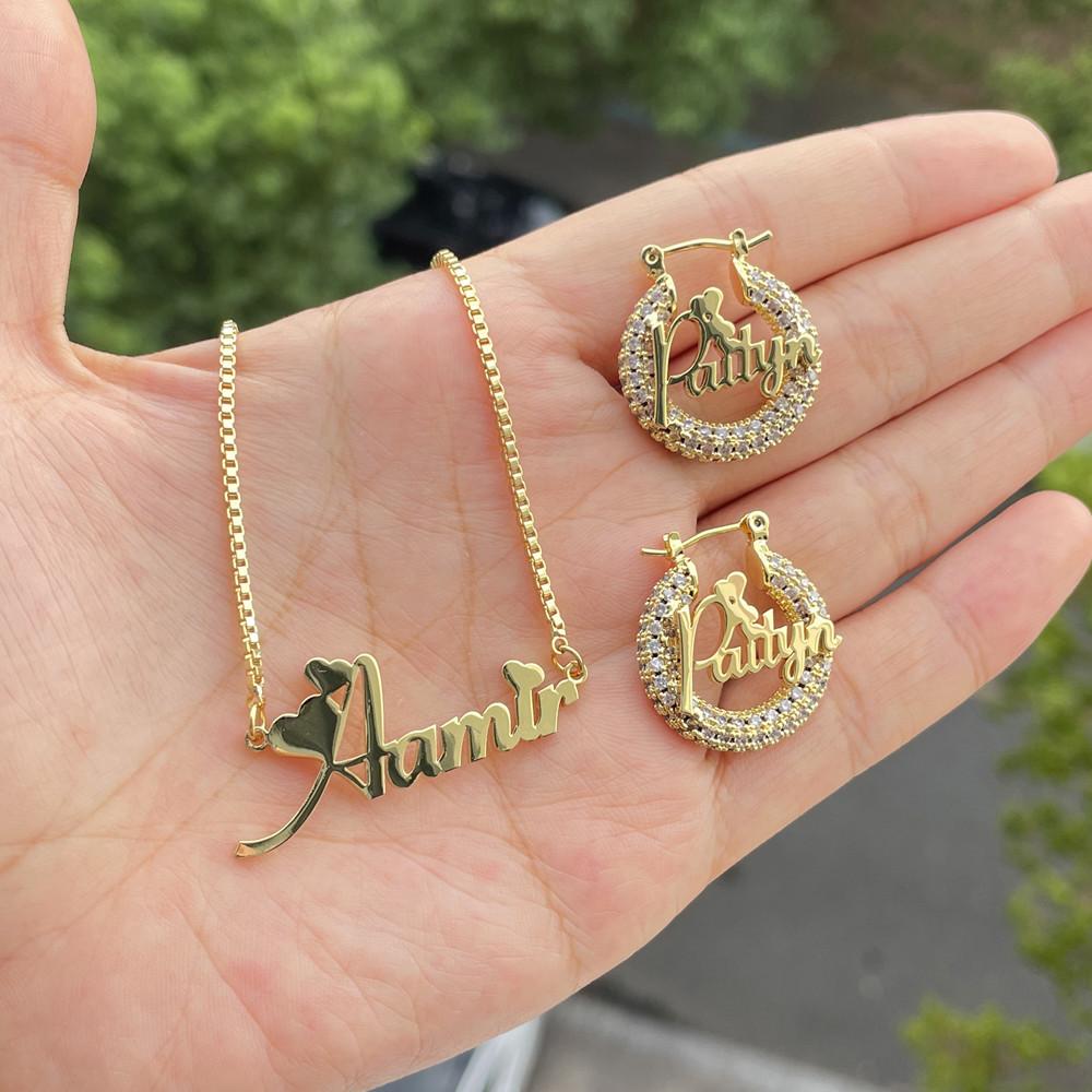 QIUHAN OEM Ice Out Blink 22mm Hoop Earrings Necklace Custom Name Jewelry Set