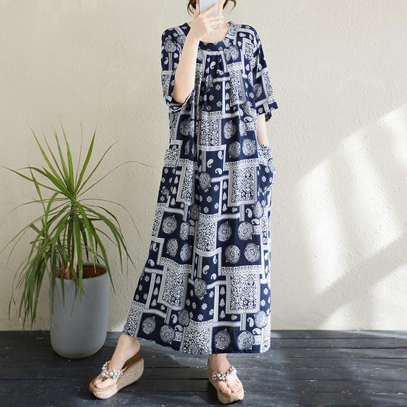 Новое винтажное платье с цветочным принтом больших размеров с коротким рукавом для женщин, повседневное свободное длинное летнее платье