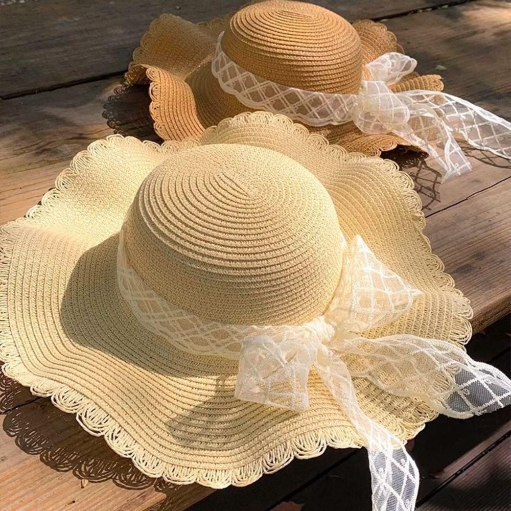 French Style Lace Straw Hat Spring Summer Women's Sun Hat Elegant Bow Ribbon Straw Hat  Outdoor