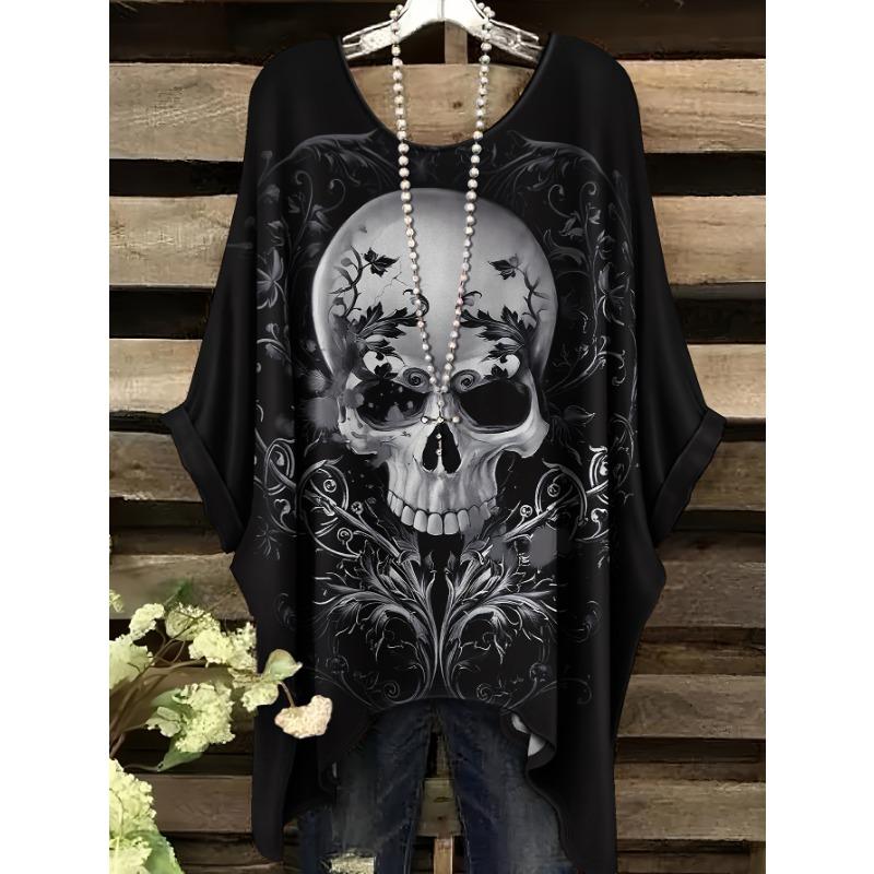 Summer fashion new large size round neck skull flower shadow pattern print