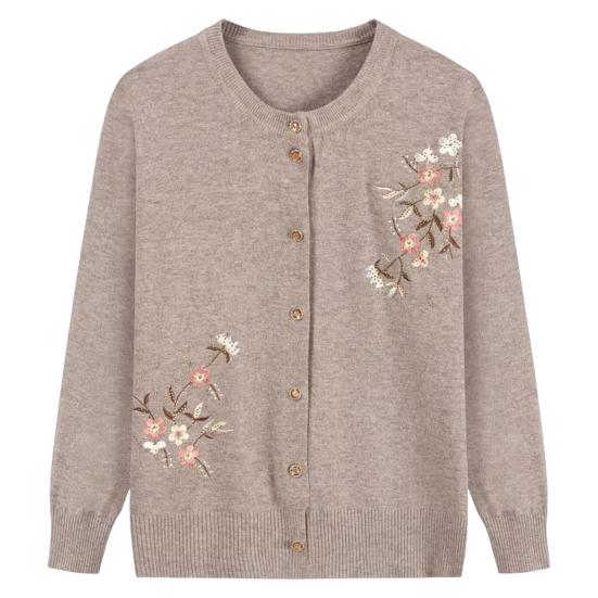 Осень-весна вязаное пальто для мам с цветочной вышивкой, однобортное, с круглым вырезом, свободный, с длинными рукавами, кардиган, эластичный