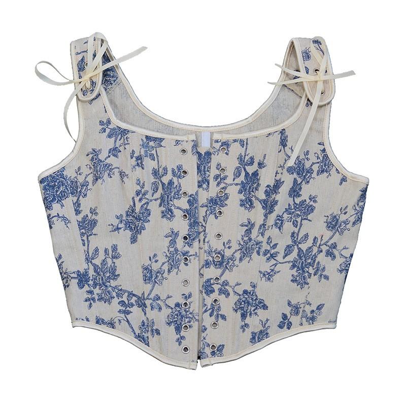 Women's French Strap Corset Retro Orchid Printed Lace Vest Top