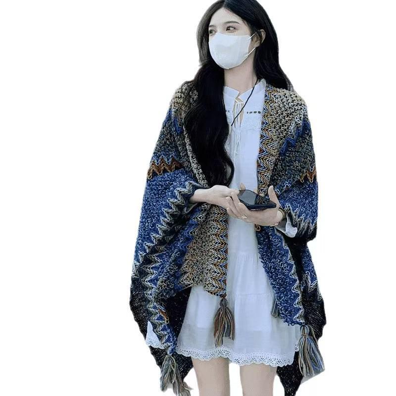 Женская вязаная шаль-накидка в этническом стиле - Верхняя одежда, вдохновленная путешествиями по Юньнаню, Сычуани, Тибету и Синьцзяну