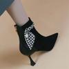 Туфли женские 2024 Ботильоны женские сапоги из флока современные сапоги женские жемчужные ленты молния сзади шитье острый носок тонкие каблуки туфли женские