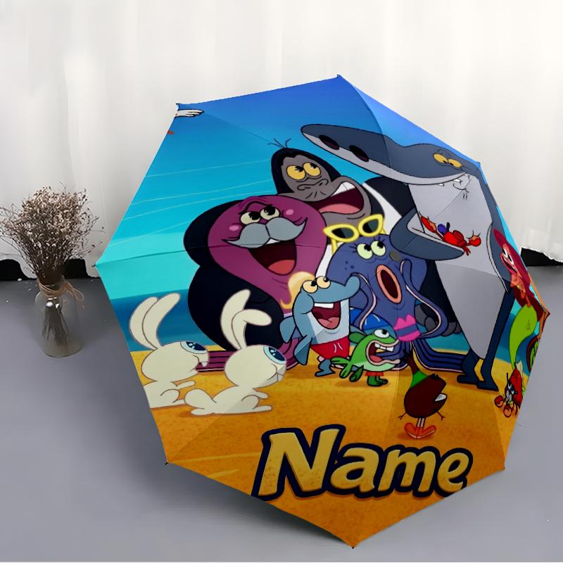 Custom Name Zig & Sharko Theme Automatic Umbrella, Lightweight & Portable, 8 Rib, Perfect for Outdoor Travel, Birthdays, Christmas, Gifts.