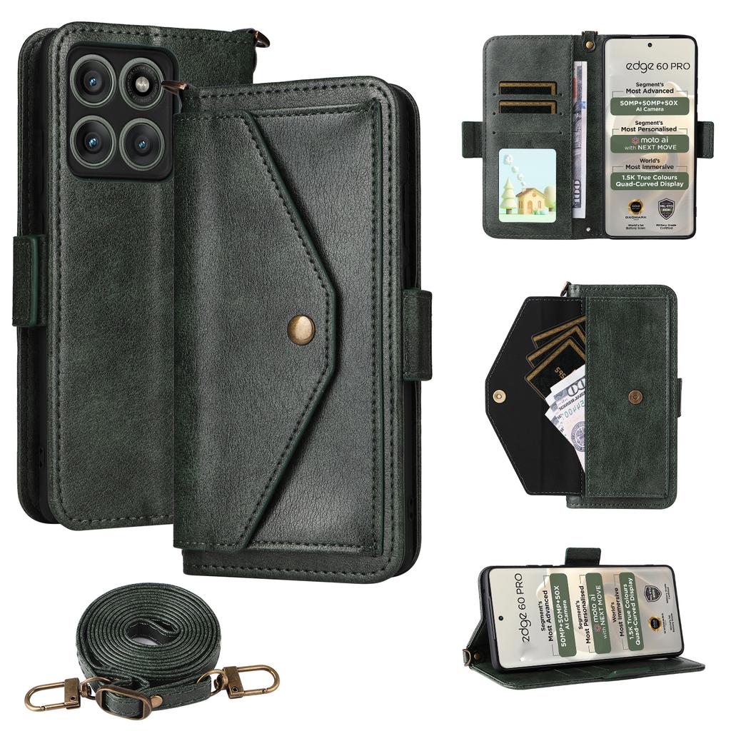 For Motorola Edge 60 Pro 5G Leather Case Magnetic Closure Wallet Stand Phone Cover with Crossbody Strap