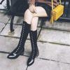 Fashion British Punk Studded Motorcycle Boots Leather Zipper Pointed Toe Women Slim Leg Long High Boots Winter Plush Tube Snow Booties