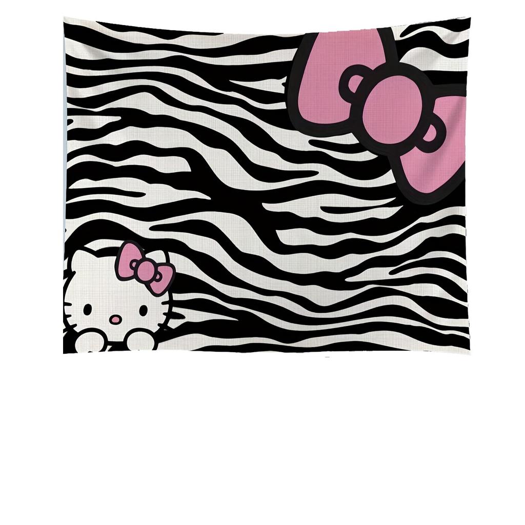 Тканевое панно Sanrio Hello Kitty Аниме Черно-белый Зебровый принт с Розовым бантом для Декора Спальни Вечеринки Подарка на День Рождения Плоская печать