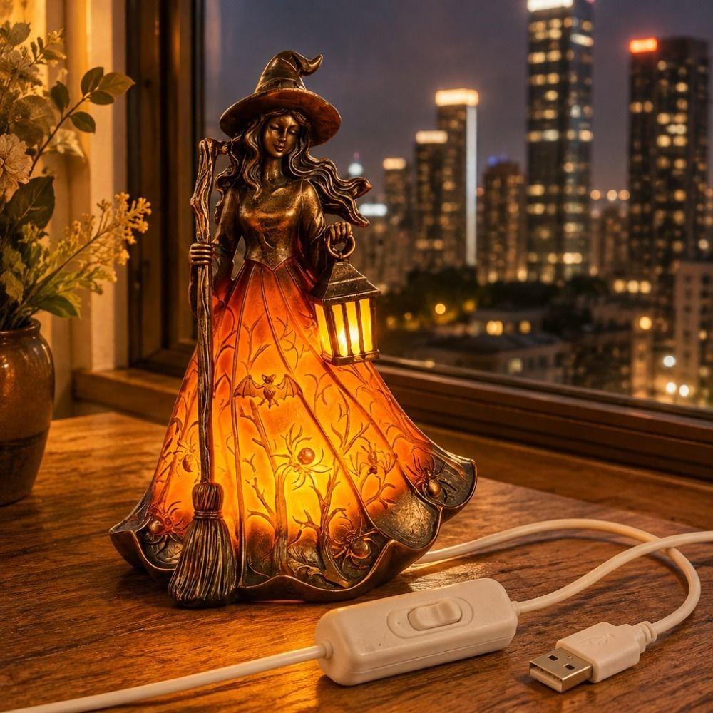 Scary Halloween Witch Lamp 18cm Holiday Decorative Lamp Broomstick Witch Statues Halloween Party