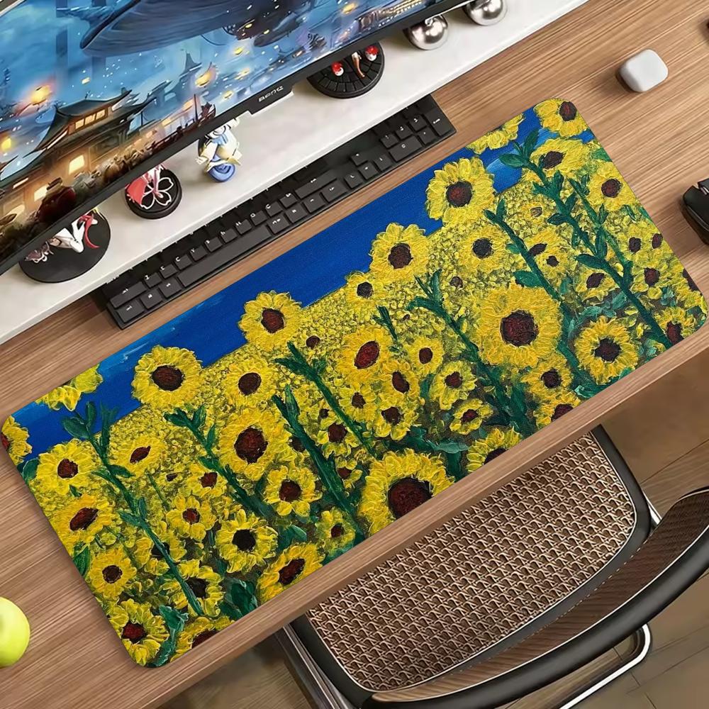 Smooth Non Slip Rubber Keyboard Desk Mat Large Extended Gaming Mouse Pad Sunflower Oil Painting For Laptop Computer Office