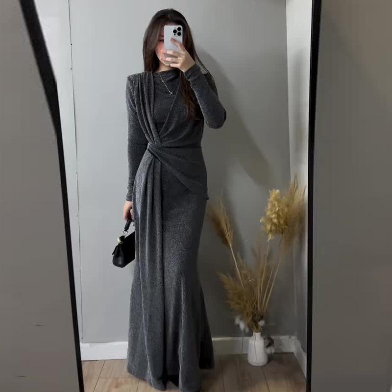 Новое сексуальное модное однотонное облегающее платье с плиссированной талией и круглым вырезом