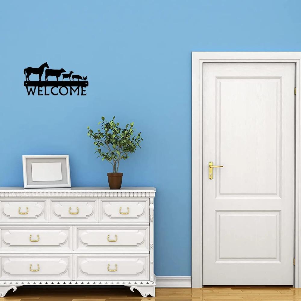 Farm Animals Welcome Sign - 12 Inch Wide Metal Wall Art for Rustic Home Décor, Farmhouse Style, and Outdoor Spaces