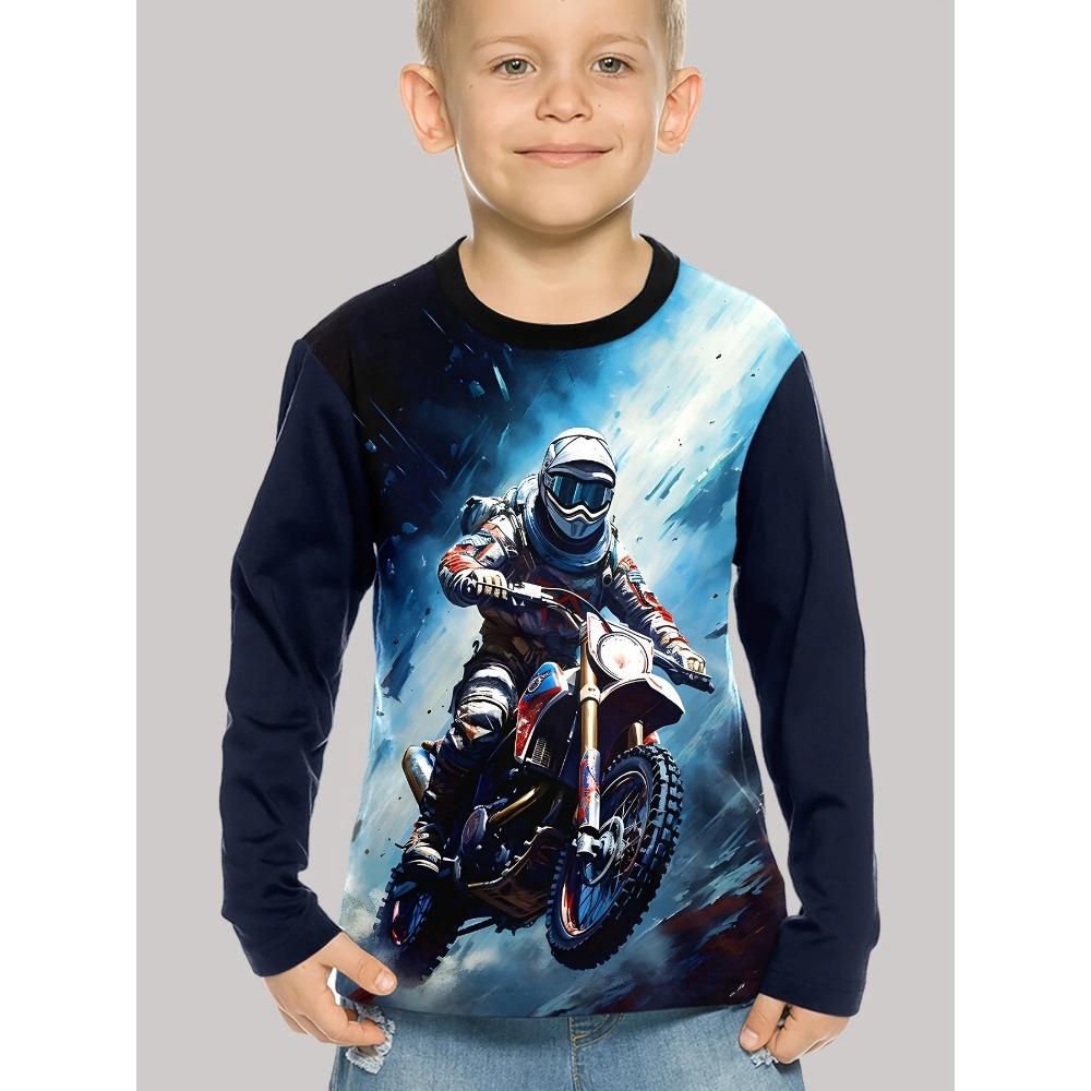 Spring and Autumn Round Neck Motorcycle Pattern 3D Printed Top Fashionable Casual Long Sleeved Children's Boy T-shirts