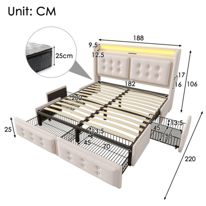 Lit double - MUVOE - 180x200 - Tête de lit LED - Recharge USB - 4 tiroirs - Beige