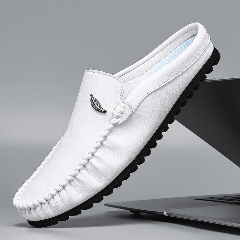 Fashion Breathable Mens Half Slippers Handmade Leathe Muller Shoes Loafers Male Comfy Flats Lazy Shoes Soft Handmade Men Casual Footwear