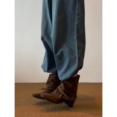 Версия из коровьей кожи~ внутренняя высота увеличивается металлическая пряжка ремня ковбойские сапоги ретро замшевые квадратный носок нишевые высококлассные красивые короткие сапоги