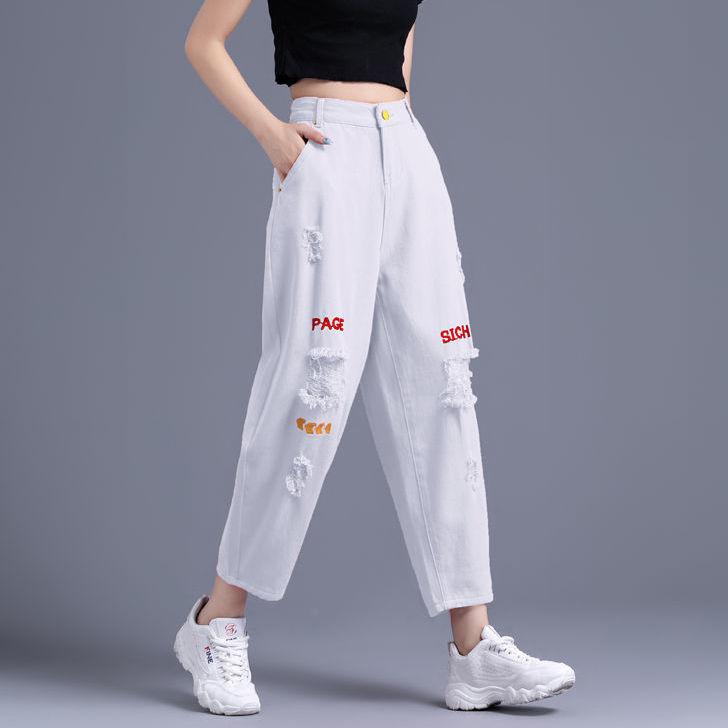 Белые рваные джинсы женские с высокой талией и девятью точками, брюки-харлан женские с брюками-редиской