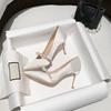 White Pearl Stiletto High Heels Women's 2025 Autumn New Pointed Toe Shallow Mouth Set Feet Satin Single Shoes Wedding Shoes