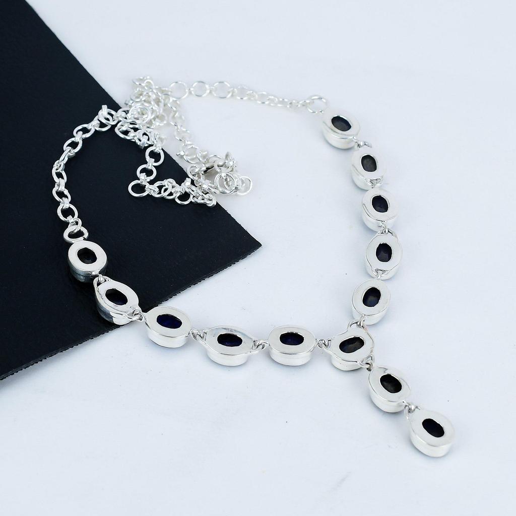 Красивое колье из серебра 925 пробы с синим сапфиром, серебряное колье с синим лабрадоритом для жены, унисекс, подарок