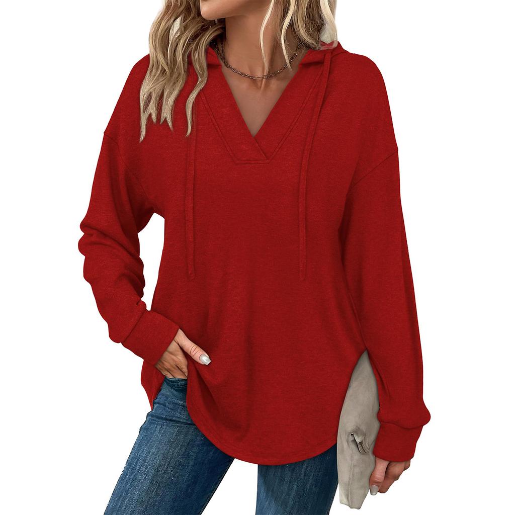 Women's Fashion Solid-Color Long-Sleeve Hooded V-Neck Casual Sweatshirt Top