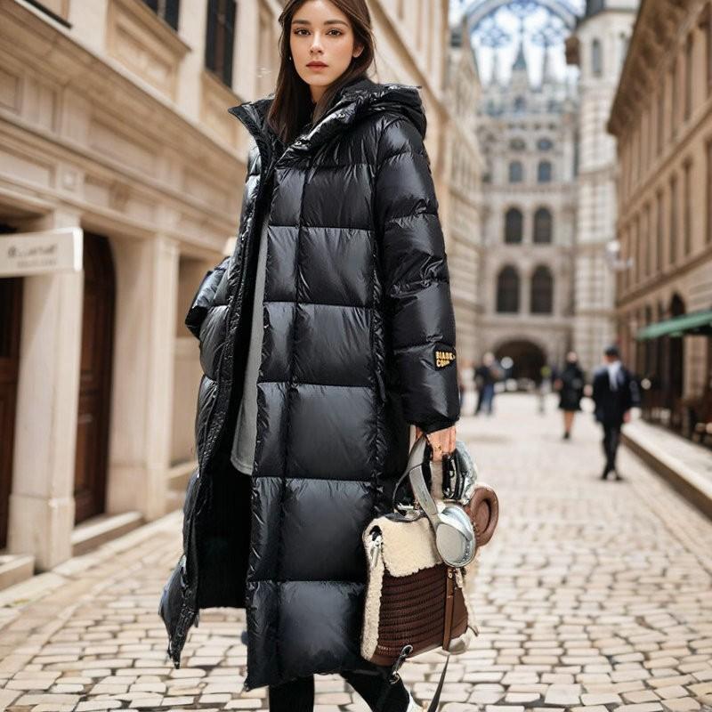 Womens Black Long Down Coat With Hood Duck Fill Warm Winter Outerwear Commute Casual Wear