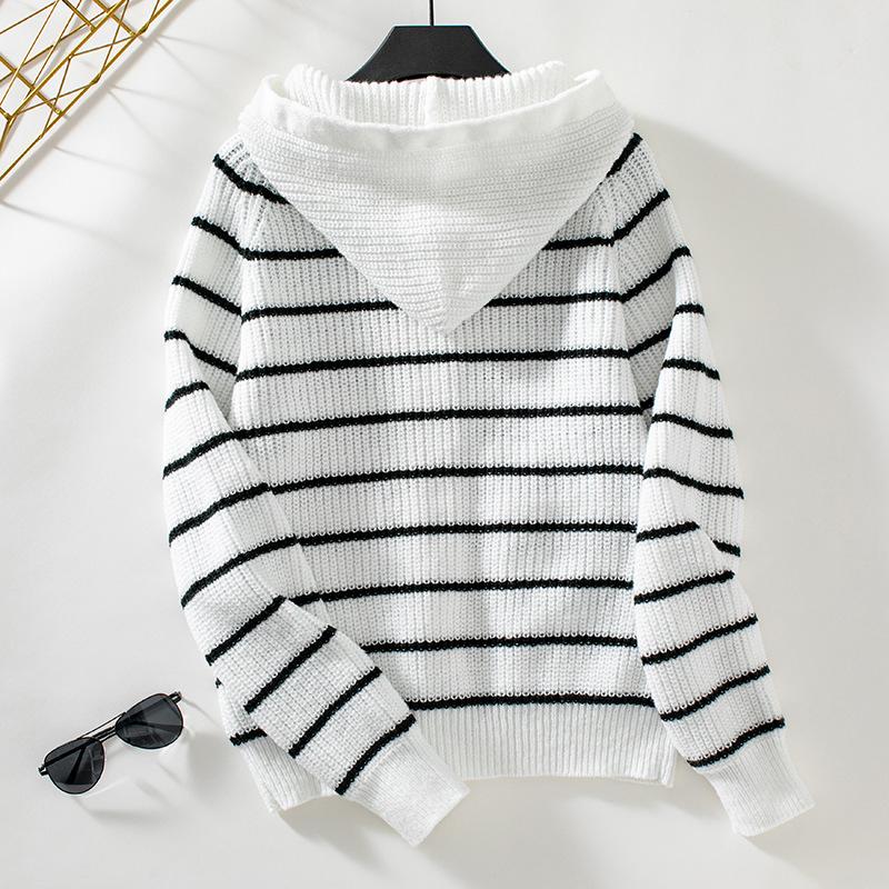 Women's Hooded Knit Loose Pocket Striped Cardigan Sweater