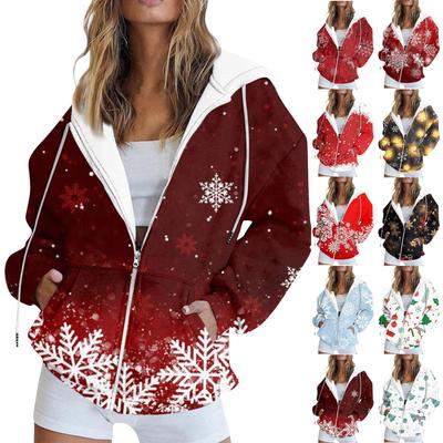 Женская модная повседневная рождественская печатная толстовка на осень и зиму с длинным рукавом и карманом, кардиган, куртка с капюшоном на молнии, пальто