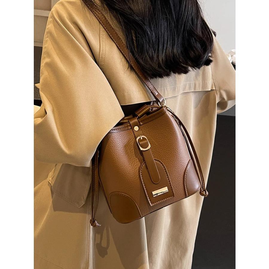 Осенняя винтажная сумка-ведро для женщин, высококачественные текстурированные сумки через плечо с завязками, женская повседневная сумка для поездок на работу