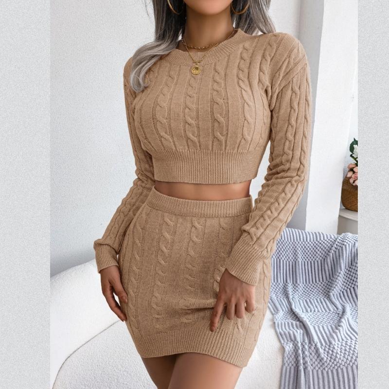 Сексуальный комплект из свитера, женские наряды, осенне-зимний вязаный узкий топ и мини-юбка