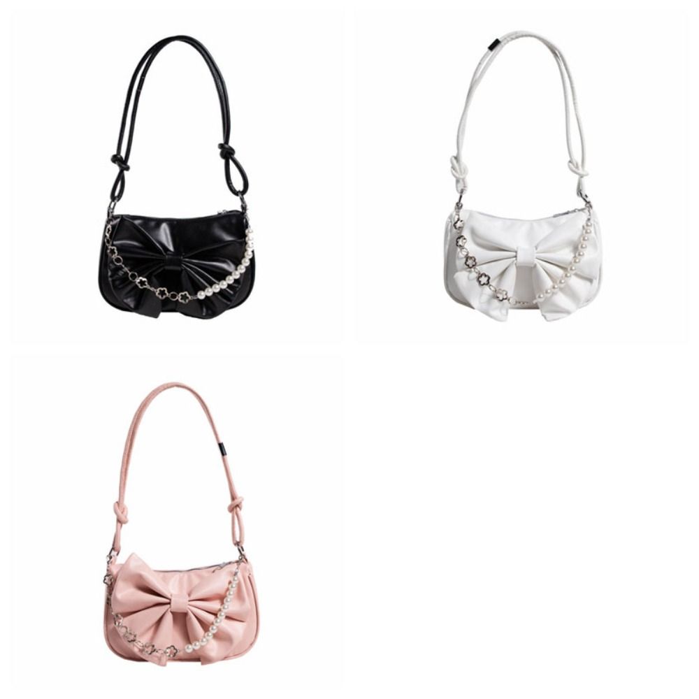 Solid Color Women Underarm Bag PU Leather Bow Handbag Simple Bowknot Shoulder Bag  Office Worker