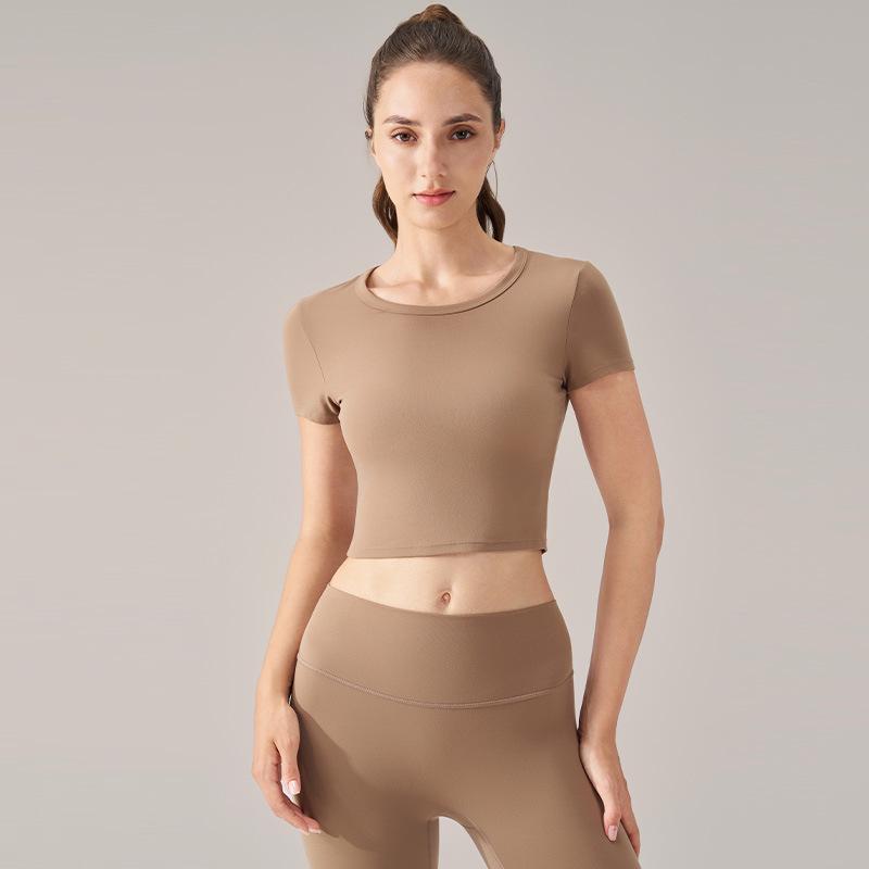 Женские летние топы для йоги из лайкры с круглым вырезом и коротким рукавом — высокая эластичность, удобная посадка для фитнеса и спорта.