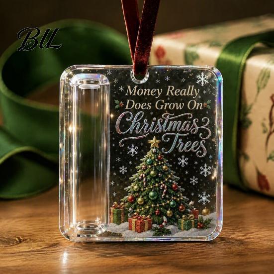 Christmas Cash Ornament with Lanyard Gift Ornament, Clear Acrylic Money Holder, Holiday Xmas Card Holder for Tree Hanging Decoration, Funny