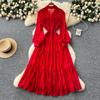 Spring Autumn Women Draped Long Dress Vintage Red/Green/Purple Turn-Down Collar Single Breasted Long Sleeve A-Line Maxi Woman Dresses