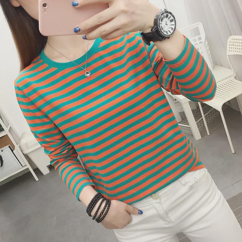 Женская полосатая футболка с длинным рукавом на весну и осень — свободный крой для мам среднего и пожилого возраста
