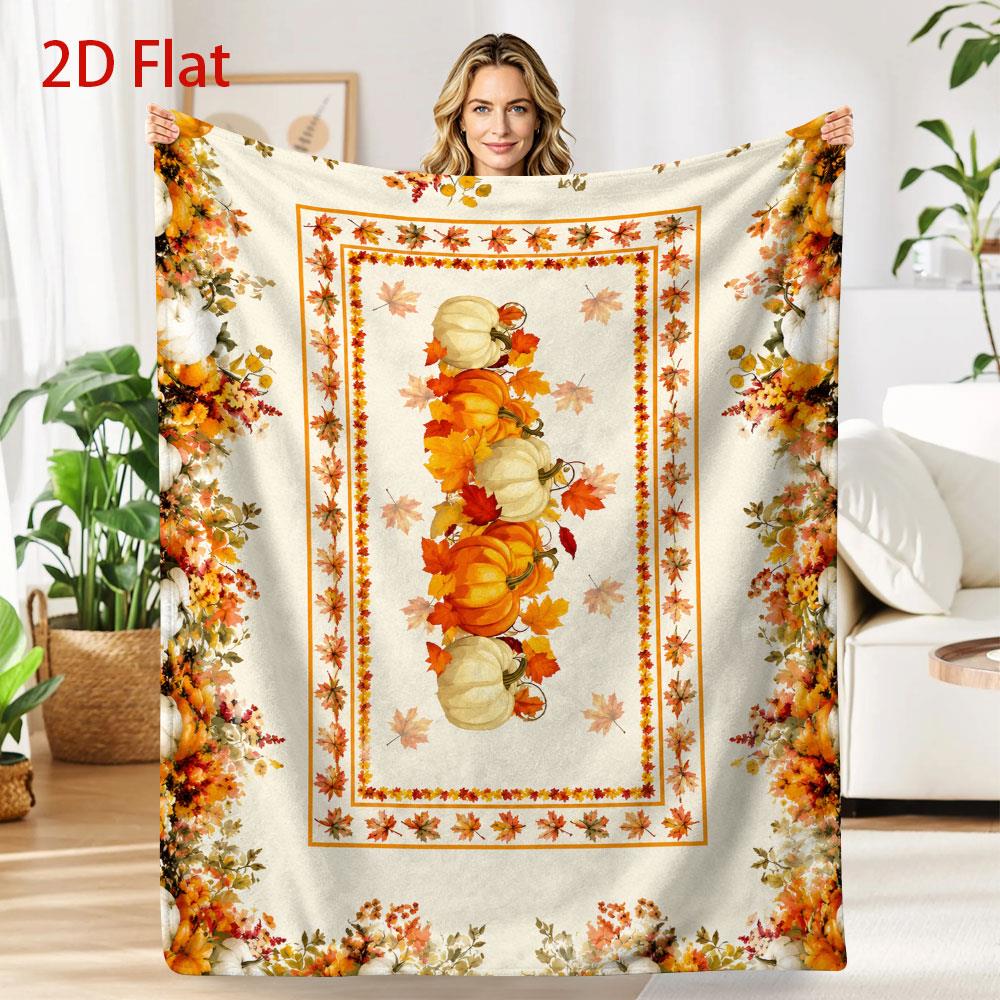 280gsm Heavyweight Autumn Harvest Blanket Suitable for - Cozy Throw with Cream Base, Orange Pumpkins & Maple Print, Soft Flannel Bedspread for Sofa Be