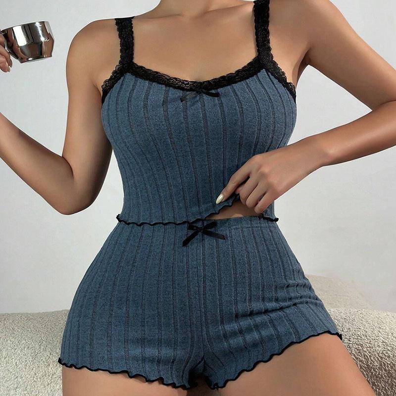 2 шт./комплект пижамы без рукавов пижамные штаны стрейч студенческие шорты майка домашняя одежда сексуальный кружевной топ сбоку женская студенческая пижама