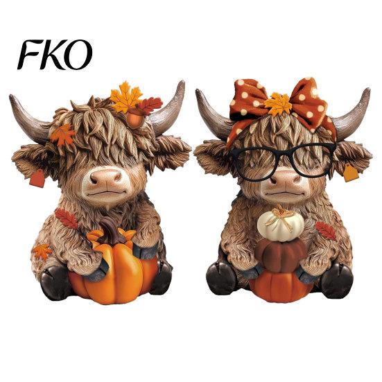 Centerpiece Decor 2PCS Autumn Highland Cow Ornament, Thanksgiving Day Theme Wooden Decoration, with Holiday Ornaments Exquisite Details Fall