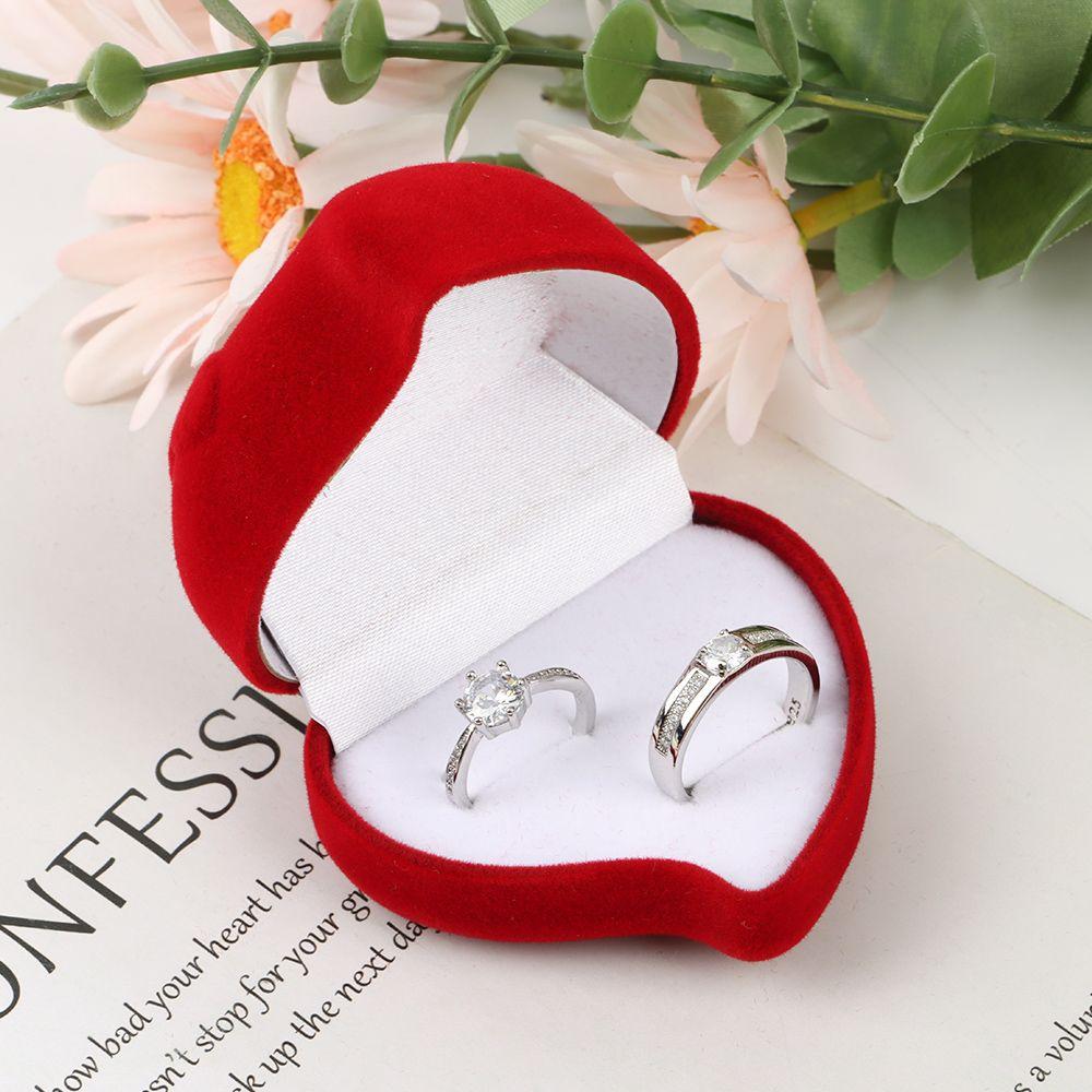 Heart Shape Exquisite Ring Display Box Velvet Jewelry Box Red Rose Double Ring Storage Box