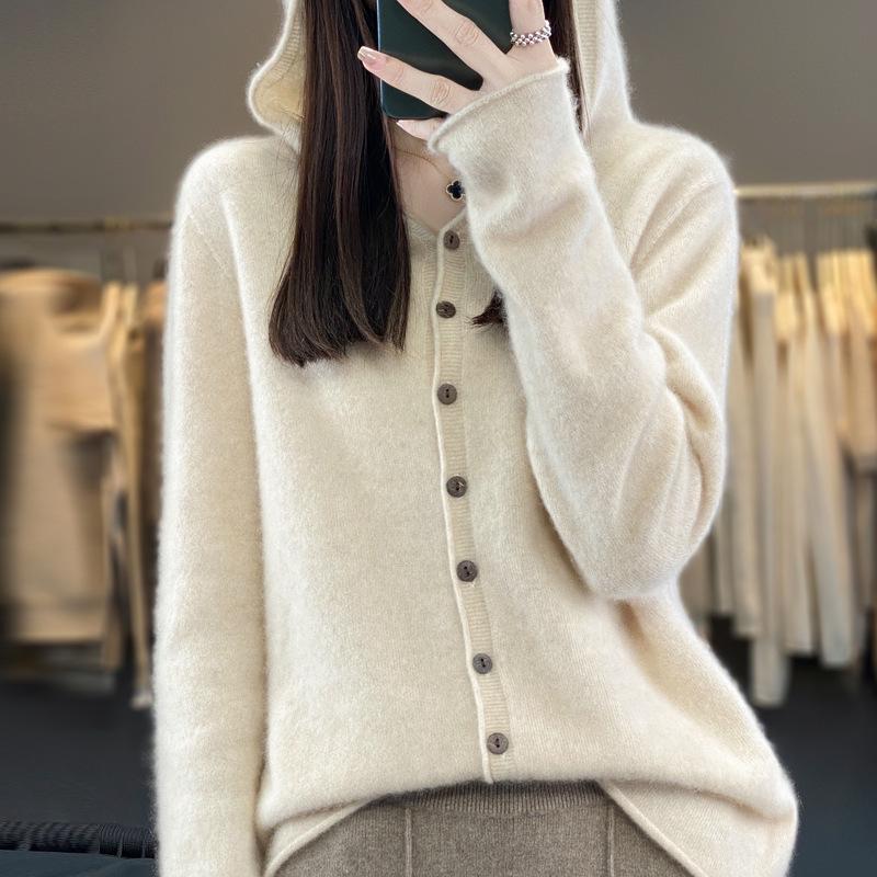 Women's 100% Wool Hooded Cardigan - Versatile Autumn/Winter Pure Color Knit Jacket