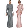 Women Evening Dress Pleated Knot Decor Slim Fit Round Neck Back Zipper Closure Full Length Wedding Party Prom Maxi Dress