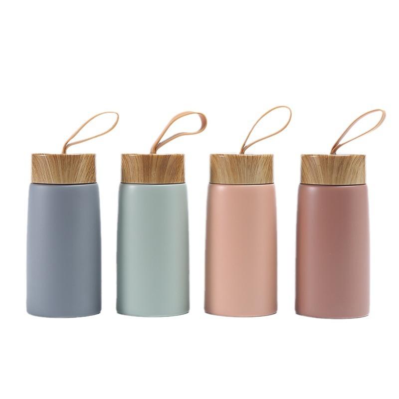 Wood Grain Lid Silicone Strap Mini Stainless Steel Tumbler Block Heat Exchange for Pocket Carry Daily Household Drinking
