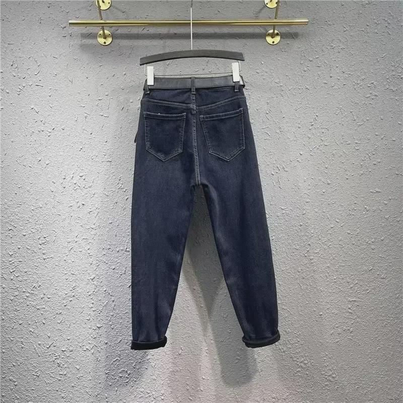 Синие джинсы-шаровары из эластичного бархата с высокой талией для женщин — облегающие, свободные брюки-папы Nine-Point Daddy для осени/зимы 2023 г.