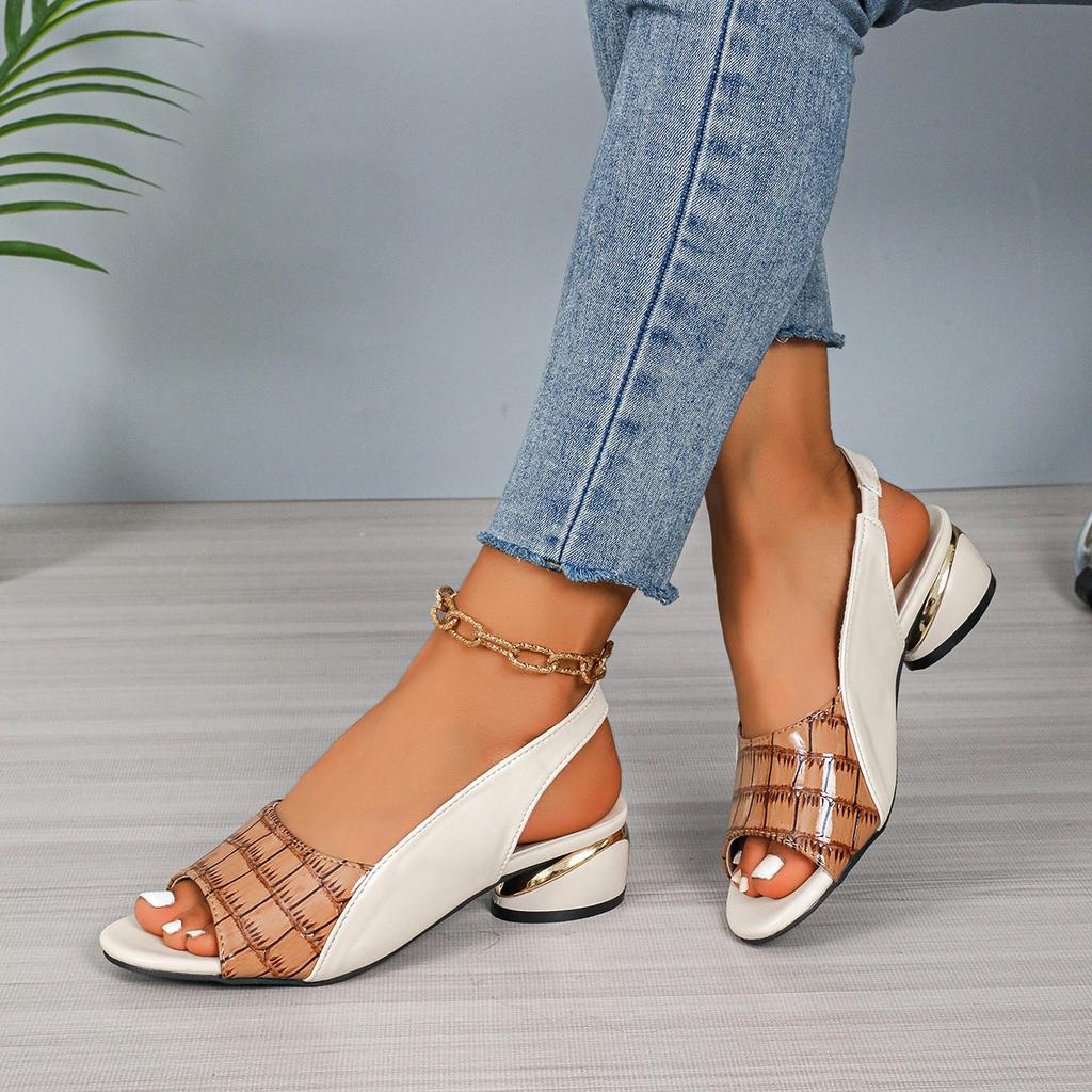 Ladies' Contrasting Color Elegant Sandals, Ankle Cushioned Plaid Comfortable Thick Heel Shoes, Casual Open Toe Shoes