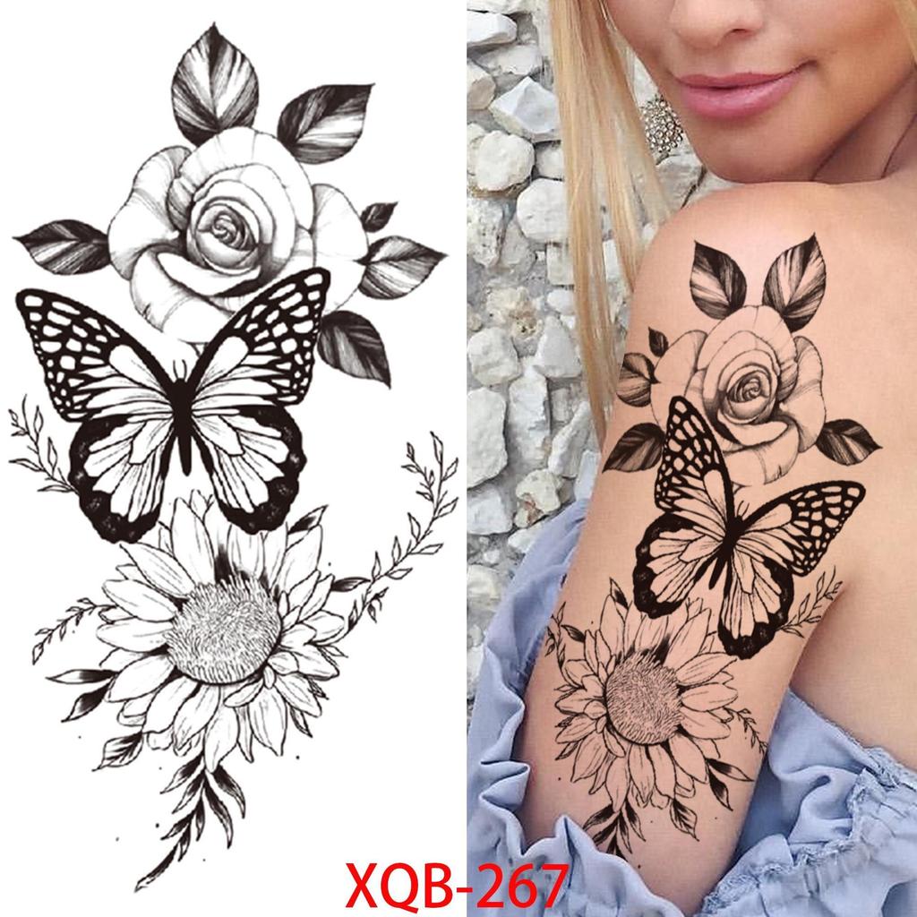 1 ШТ. 210*114 ММ Сексуальный Цветочный Узор Временные Татуировки Черной Розы для Женщин Водонепроницаемые Поддельные Татуировки для Рук Боди-Арт Рукав Наклейка Для Тела